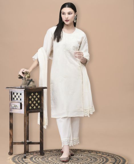 Shree Women Cotton Off White Embroidered Kurta Comfort Pant Dupatta